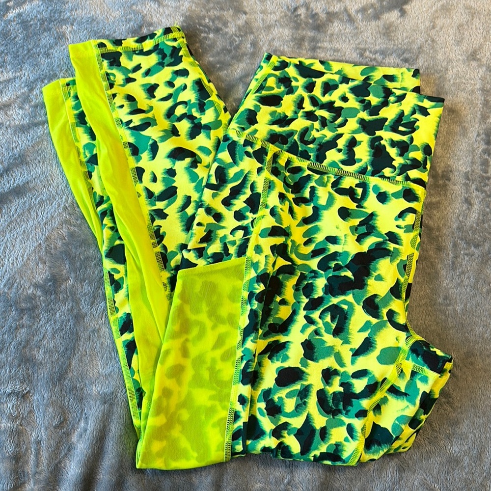 High waisted lime green leopard print workout tights